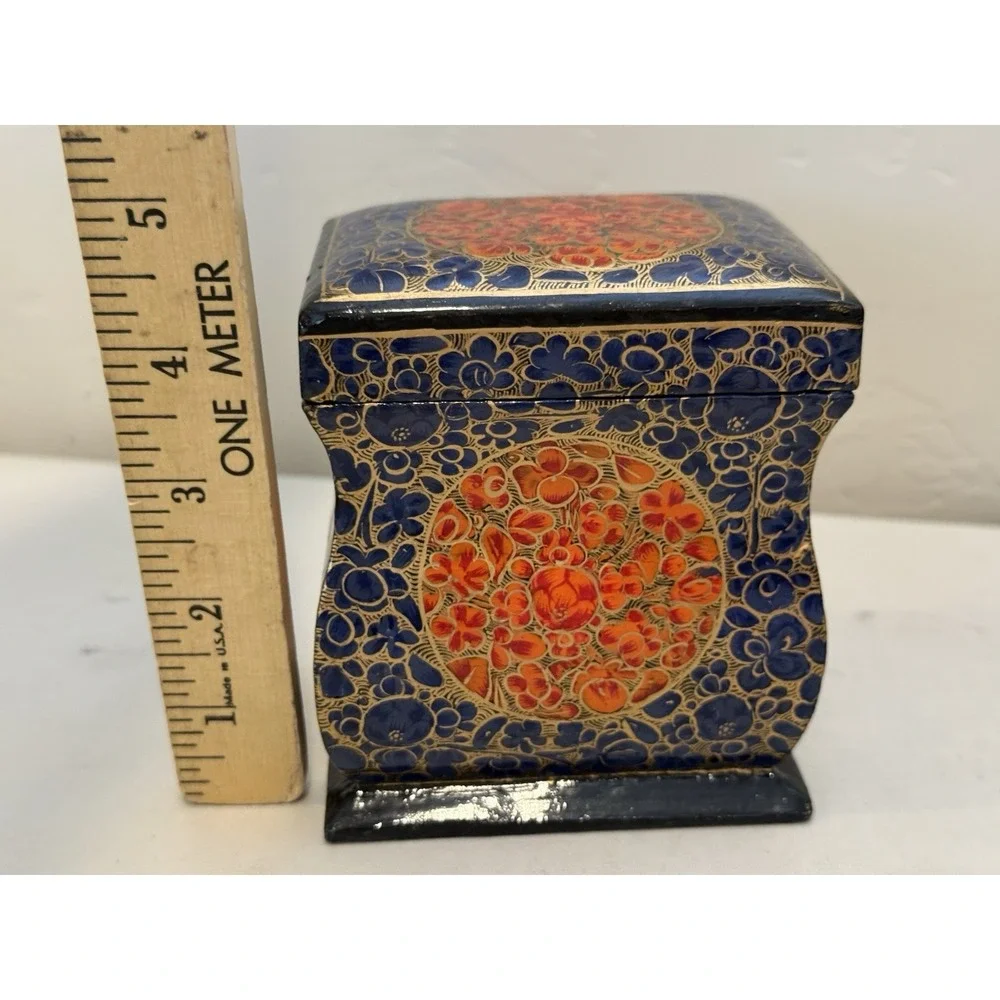 Vintage Papier Mache Enamel Box w Lid Ornate Letter Storage Keepsakes Small Blk